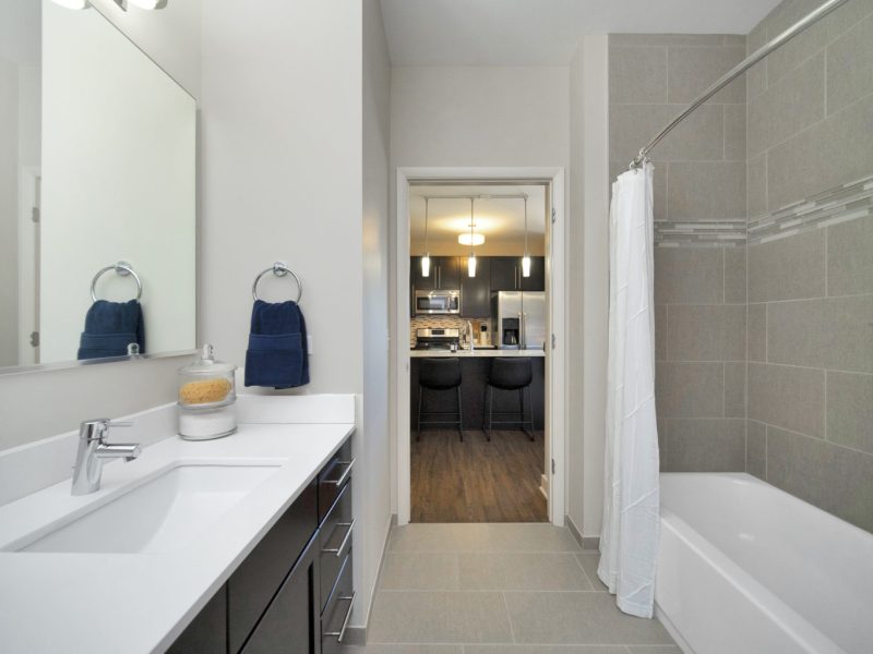 This image shows a contemporary bath that is spacious and accessible utility. It has quartz countertops, ceramic tile floors, and tub surrounds.